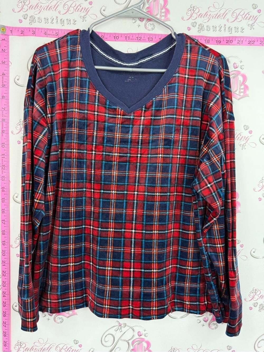 Nautica shirt fleece Red and Navy Plaid V-Neck Long Sleeve Top